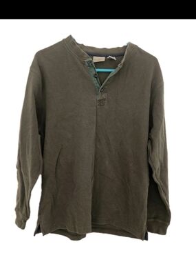 L.L.Bean Men's Medium Thermal Henley Shirt 100% Cotton Olive Green Waffle Knit